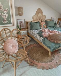 a bedroom with wicker furniture and rugs on the floor next to a bed