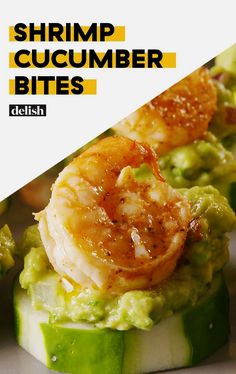 shrimp and cucumber bites are served with avocado on the side for an easy appetizer