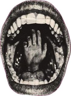 an open mouth with teeth and hands in the middle, showing how it looks like