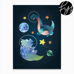 a poster with an image of two dinosaurs in space