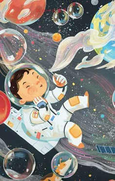 an astronaut floating in the air surrounded by bubbles and other objects, with planets around him