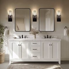 a bathroom with two sinks and three mirrors on the wall above them, along with a rug in front of it