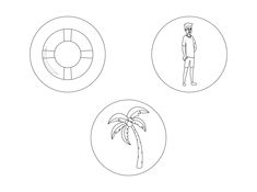 three different types of palm trees and a man standing in front of a life preserver