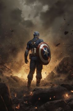 captain america is coming out of the rocks with his shield in hand and fire behind him