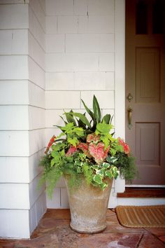 a large potted plant sitting on the front step of a house with pink and green flowers in it