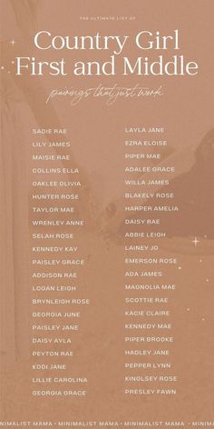 A collection of the most rustic country girl baby names for your little baby girl in 2024. This cute baby names list is perfect for parents who love Southern girl names, and even includes baby girl names with meanings, and a giant list of first and middle name ideas and nicknames. Middle Name Ideas, Southern Girl Names, Baby Names List, Country Baby Girl