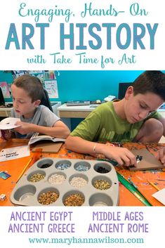 two boys sitting at a table working on crafts with the words engaging hands - on art history