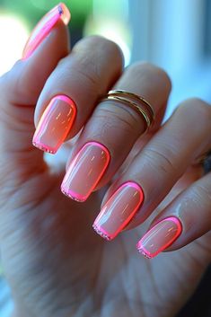 Trendy Summer Nails French Tip, Neon Nails Designs Summer 2024, Neon Pink French Tips, Neon Colored Nails, Fun Neon Nails, French Nails With A Twist, Color French Nails, Neon French Tip Nails, Neon French Nails