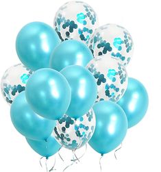 a bunch of balloons with blue and white confetti on them, in the shape of mickey mouses