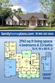 two story house plan with 3 bedroom and 2 bathrooms in the front, an open floor plan