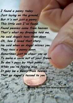 a person holding a penny in their hand with the poem written on it's side