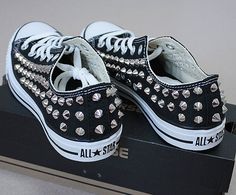 *Handmade Supply *Made to order *Ships worldwide from South Korea *The customs duties may apply from country to country, and must be borne by the buyer. Rhinestone Converse, Original Converse, Studded Converse, Vans Outfit, Converse Low Tops, Studded Sneakers, Converse Red, Black Grunge, Skirt And Sneakers