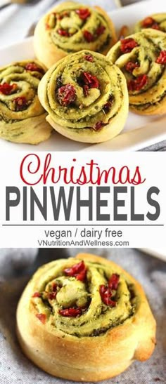 christmas pinwheels with spinach and sunflower seeds in the middle on a white plate