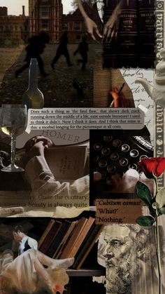 collage of images with people, books, and wine bottles in the middle one has a red rose on it