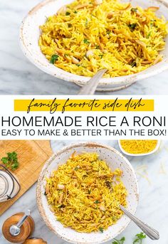 two bowls filled with rice and vegetables on top of a table