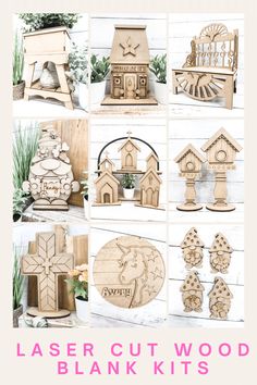 laser cut wood blank kits for diy projects and crafts with text overlay that reads laser cut wood blank kits