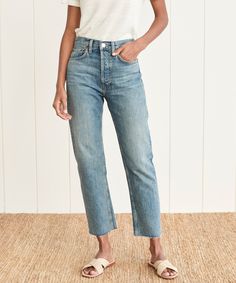 100% cotton. Made in USA. 70s-inspired straight leg jean with cropped inseam and raw hem. Button fly. Machine wash cold, tumble dry low. Fits true to size. High Rise Stove Pipe Jean Medium Vain | Re/Done Women's High Rise Stove Pipe Jeans Size 29 Stove Pipe Jeans, Redone Jeans, Luxury Jeans, Mom Fall, Jeans Collection, Light Jeans, Jenni Kayne, Summer Sweaters, Slip Skirt