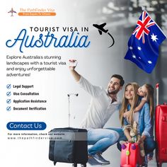 an advertisement for the tourist visa in australia, with two people sitting on suitcases