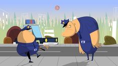 two cartoon characters are in the middle of a street, one is wearing a police uniform