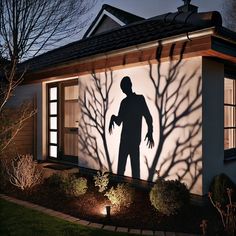 a shadow of a man standing in front of a house with trees on the side