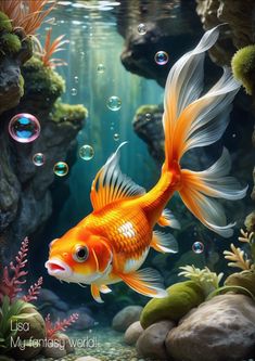 a goldfish in an aquarium with bubbles and algaes around it's edges