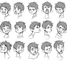 the various facial expressions and head shapes for animation character sheet, character model sheet, character design references, character modeling, drawing reference, cartoon faces, face sketches, art, person, how to draw hands, poses, hair styles, avatar