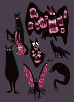 some black cats and other animals with pink paint on their faces are depicted in this illustration