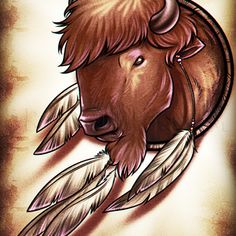 a drawing of a bison with feathers on it's head