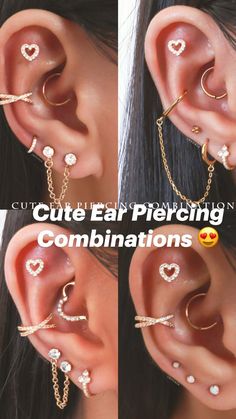 three pictures of different ear piercings with hearts and chains attached to each one side