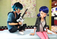 two cartoon characters sitting on top of a bed next to each other with guitars in their hands