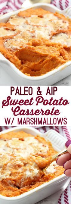 two images of baked sweet potato casserole with marshmallows