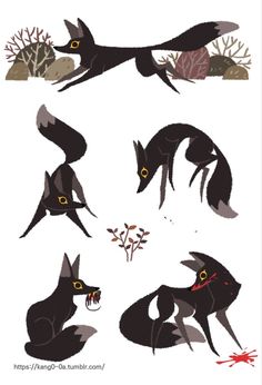 four different types of black cats with yellow eyes