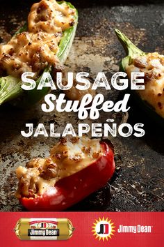 sausage stuffed jalapenos on a grill with the title in spanish above it