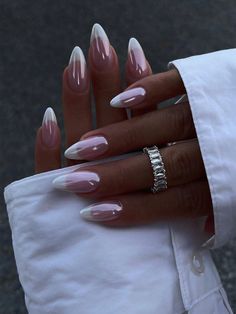 Multicolore  Collar    Ongles de couleur Embellished Milky Pink Almond Nails With Chrome, Mirror Nails Design, Long Almond Chrome French Tip Nails, Chrome French Manicure, French Chrome Nails, French Tip Chrome Nails, Colorful Nails, Paznokcie Hello Kitty, Acrylic Nails Nude