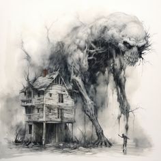 a drawing of a house with a giant monster coming out of it's mouth