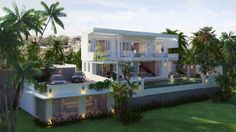 this is an artist's rendering of a modern house in the palm trees and grass