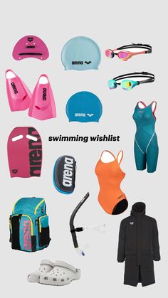 various swimsuits and swimming caps are shown in this image