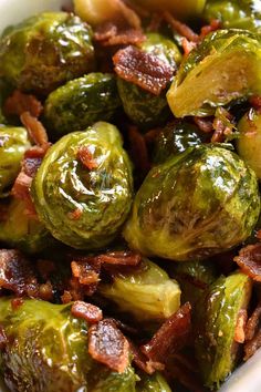 brussel sprouts with bacon in a white bowl