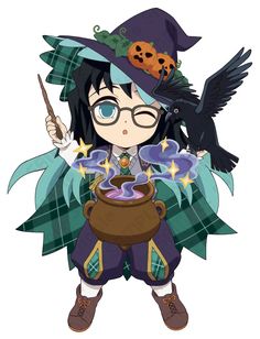 a girl with glasses and a witch hat holding a caulder in her hand