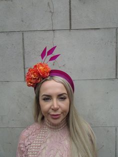 Beautiful padded velvet headband This is perfect for adding style to your hair. Featuring faux flowers and padded velvet headband. The headband base measures 4.5cm wide at it's widest point. Available in other colours in our shop. This can be made in other colours! Made in the UK - custom orders are welcome Headband Fascinator, Pink Fascinator, Padded Headband, Velvet Headband, Orange Roses, Magenta Pink, Headpiece Wedding, Faux Flowers, Other Colors