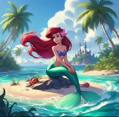 ariel from the little mermaid sitting on top of a rock in front of some palm trees