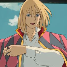 an anime character with blonde hair and blue eyes wearing a cape looking at the camera