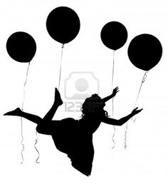 a woman flying through the air while holding onto balloons