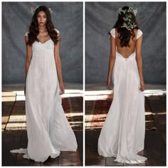 two pictures of the back of a woman's white wedding dress with flowers in her hair