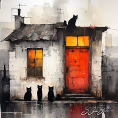 three black cats sitting on top of a roof next to a building with two red doors