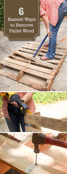 two pictures showing how to remove pallet wood from the ground and using a hammer