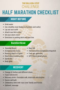 the marathon checklist for half marathons is shown in green and blue, along with instructions on how to use it