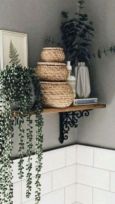 some plants are sitting on a shelf in a bathroom with white tiles and gray walls