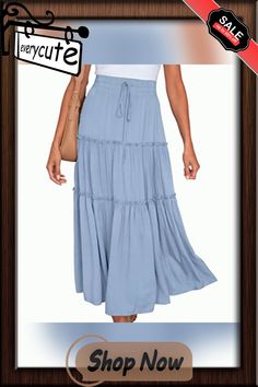 Light Blue Drawstring High Waist A-line Skirt Blue Relaxed A-line Maxi Skirt, Spring Casual Maxi Skirt With Drawstring, Casual Spring Maxi Skirt With Drawstring, Blue Drawstring Skirt For Spring, Spring Blue Drawstring Skirt, Casual Blue A-line Skirt, Light Blue Flared Skirt For Summer, Blue A-line Gathered Skirt Bottoms, Casual A-line Blue Skirt