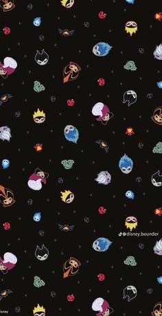 an image of many different cartoon characters on a black background with stars and circles around them